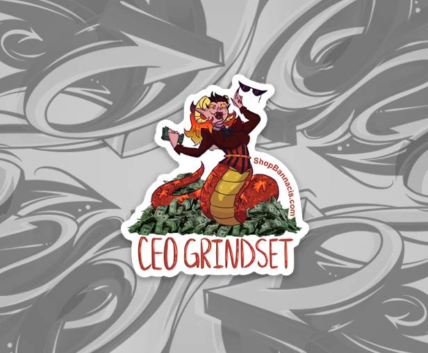 sticker of a devil serpent ceo sitting on a pile of cash