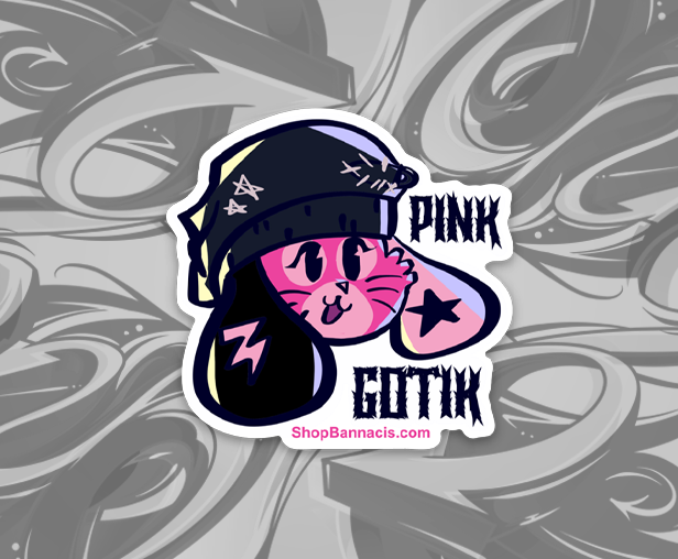 sticker of a goth pink dog with black ears and a hat