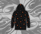 black hoodie with space pattern, sun and moon with stars